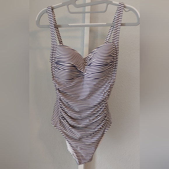 Swim Blue White Stripe Bathing Suit Sz 1 Multi Fit Cup Cinched Waist
